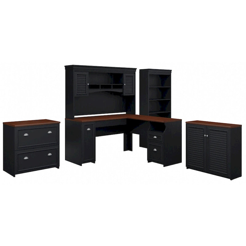 60" L-förmiger Schreibtisch mit Aufsatz, Aktenschrank, Bücherregal & Aufbewahrungsset
