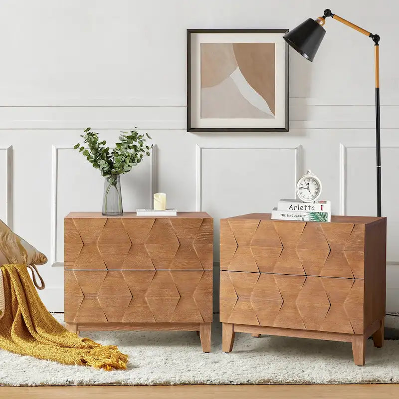 Nachttisch im Mid-Century-Stil mit 2 Schubladen und Ladestation (2er-Set)